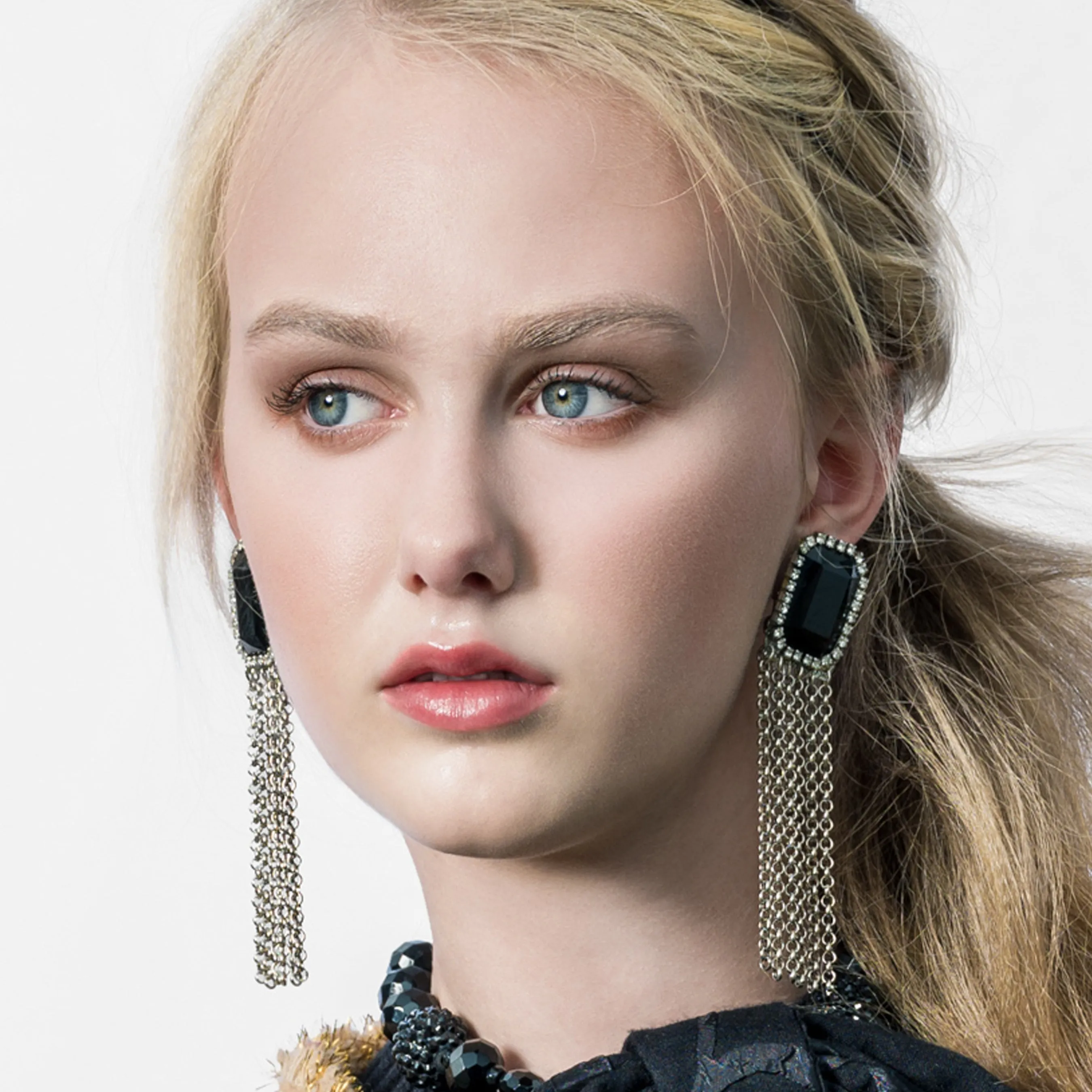 #479e Jet Cabochon, Rhinestone & Silver Tone Chain Tassel Earrings