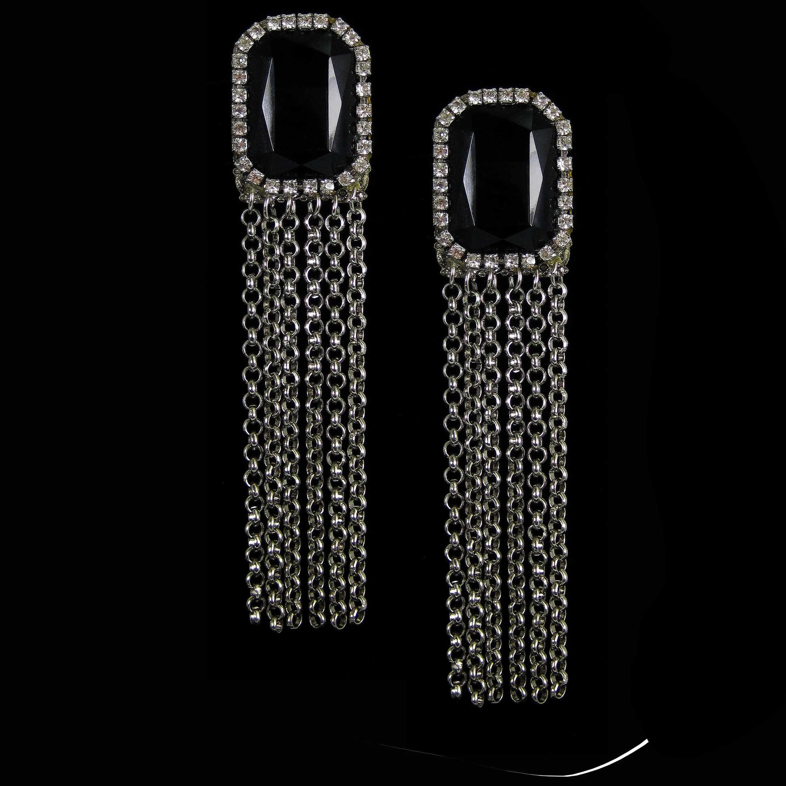 #479e Jet Cabochon, Rhinestone & Silver Tone Chain Tassel Earrings