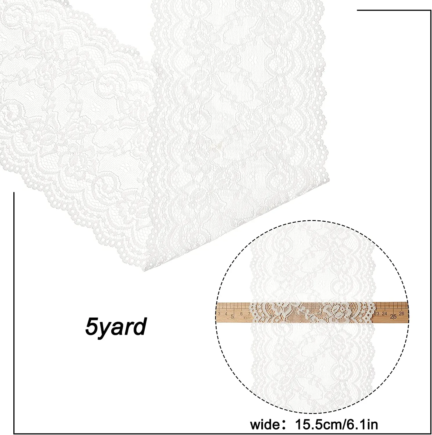5 Yards 6 Inch Wide Elastic Lace White Cotton Floral Pattern Trim Fabric Sewing for Scalloped Edge Decorations for Dress Tablecloth Hair Band Wedding Festival Event Decorations