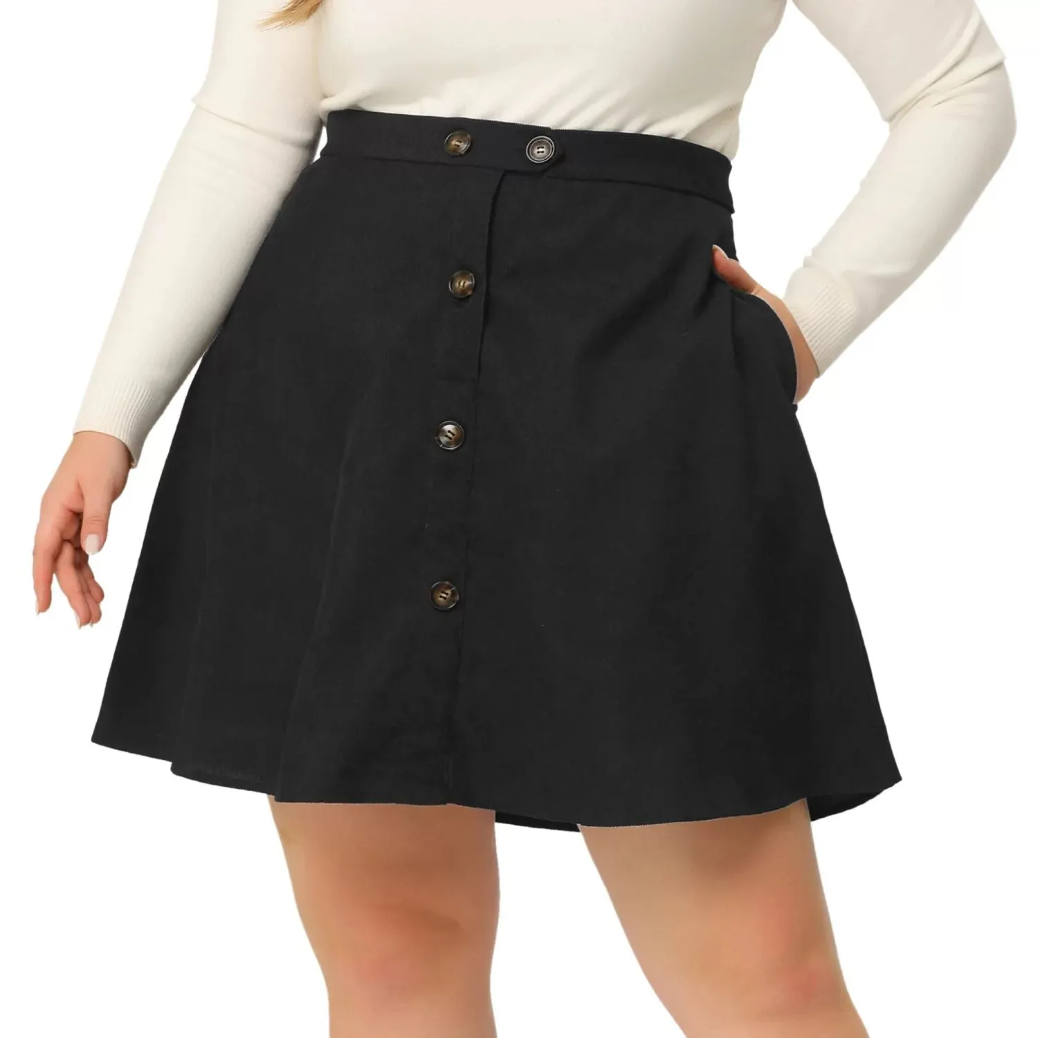 Agnes Orinda Women's Plus Size Corduroy Skirt Button Front Elastic Waist ,  black