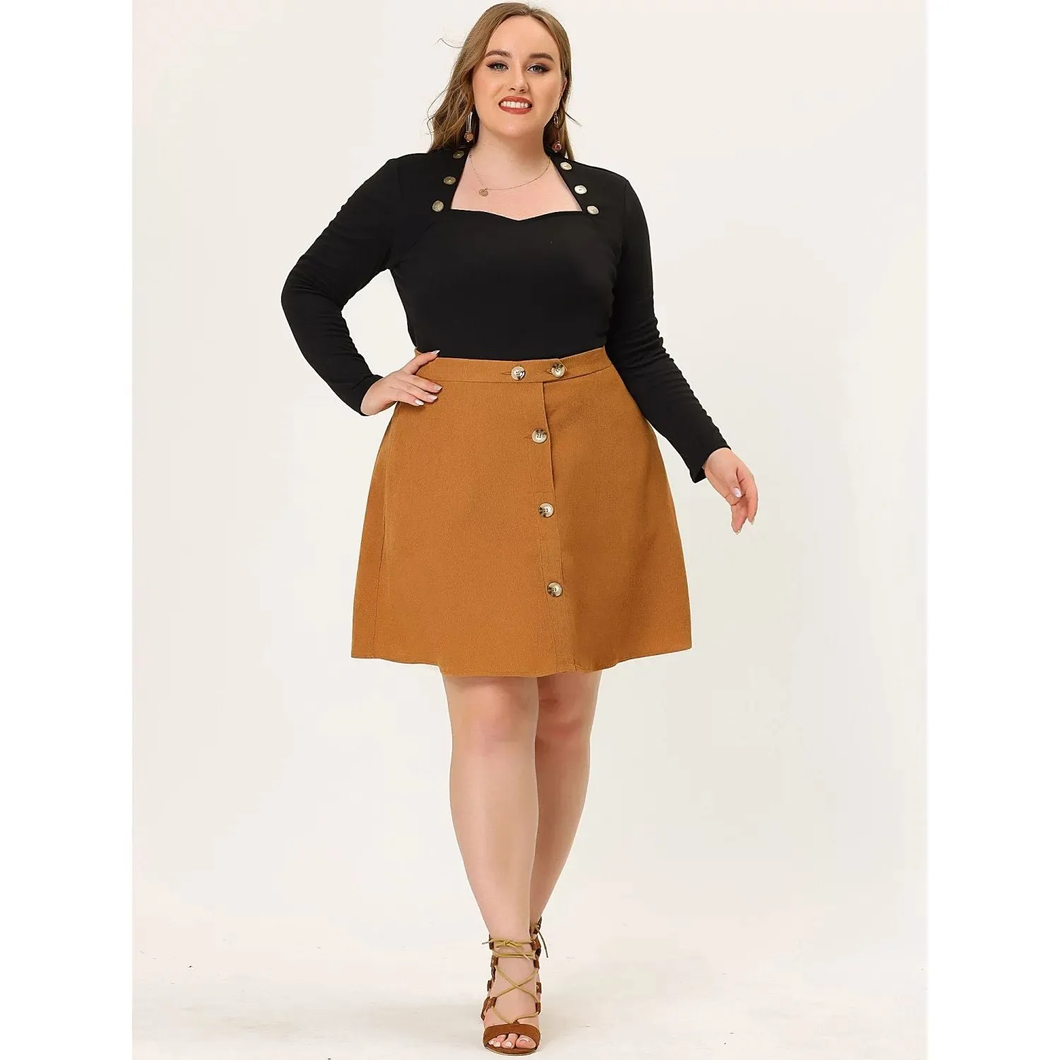 Agnes Orinda Women's Plus Size Corduroy Skirt Button Front Elastic Waist ,  black
