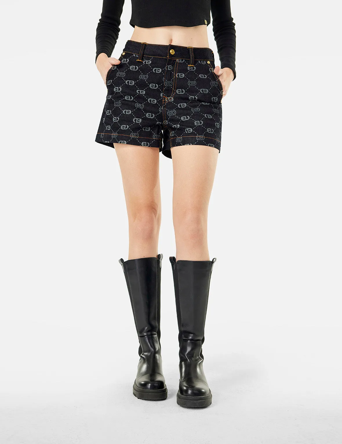Allover Logo Jacquard and Seagull Embroidery Loose Fit Denim Short
