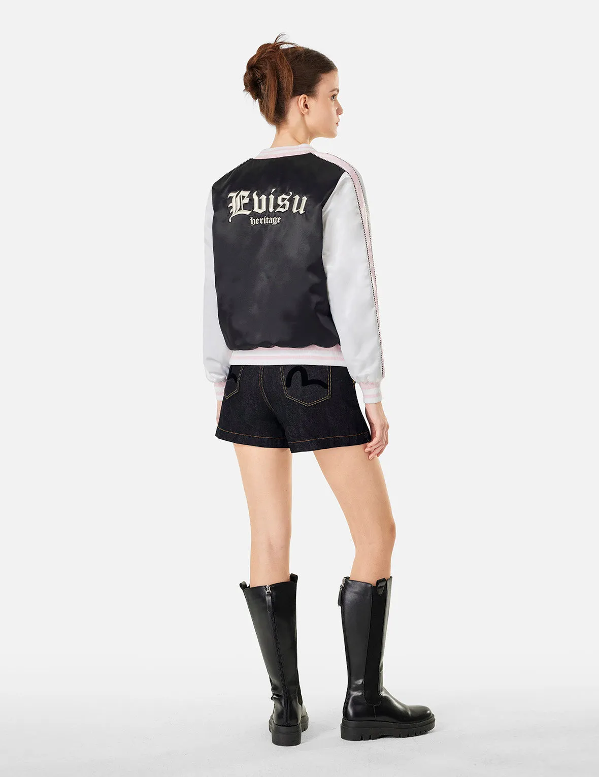 Allover Logo Jacquard and Seagull Embroidery Loose Fit Denim Short