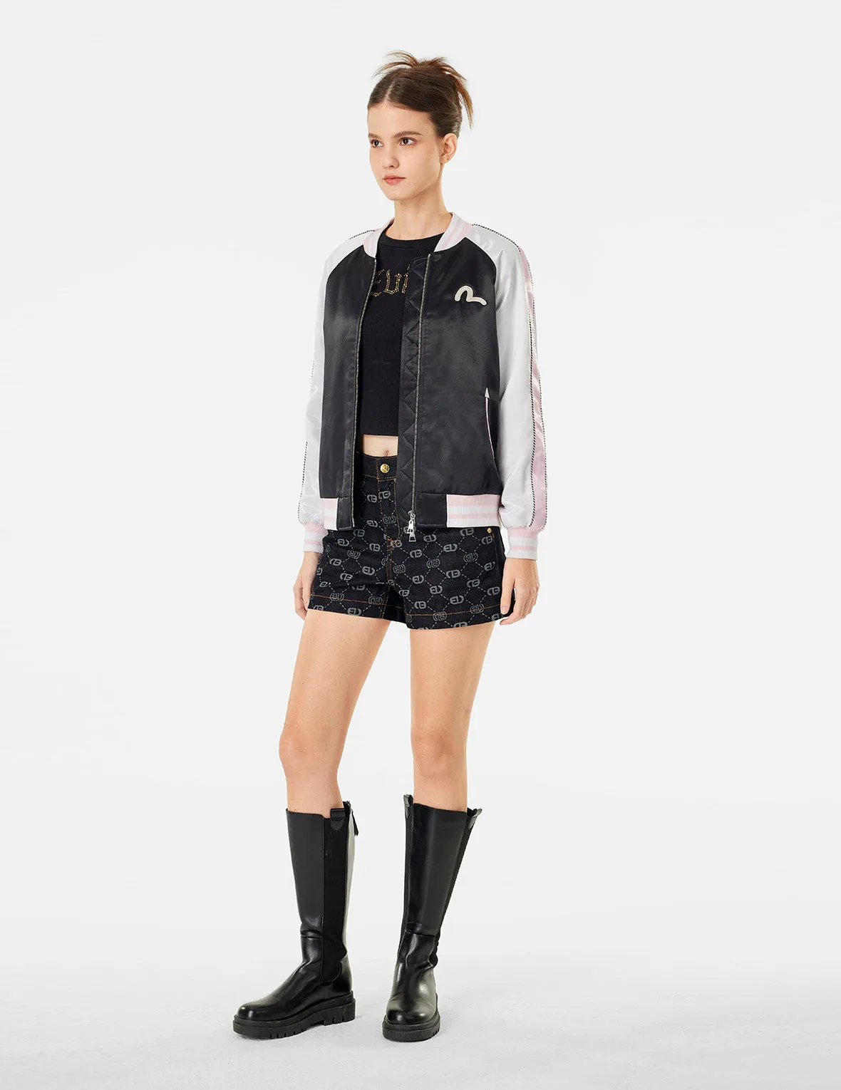 Allover Logo Jacquard and Seagull Embroidery Loose Fit Denim Short
