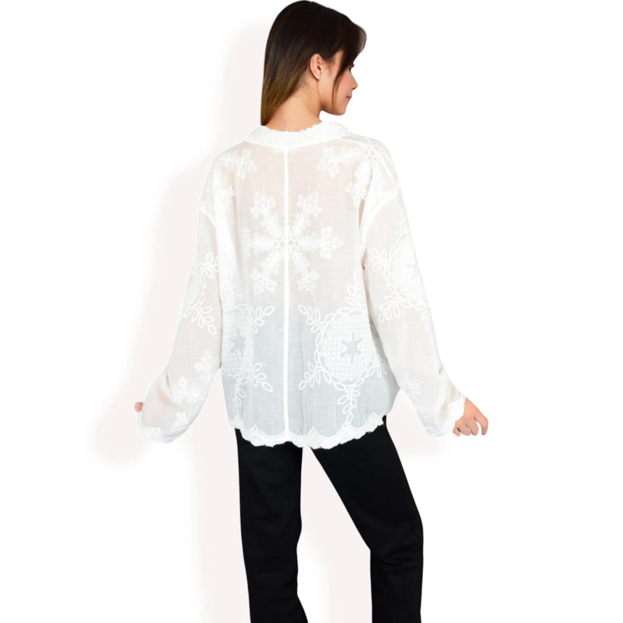 Anna-Kaci Women's Embroidered Sheer Blouse with Scalloped Hem and Button-Up Design