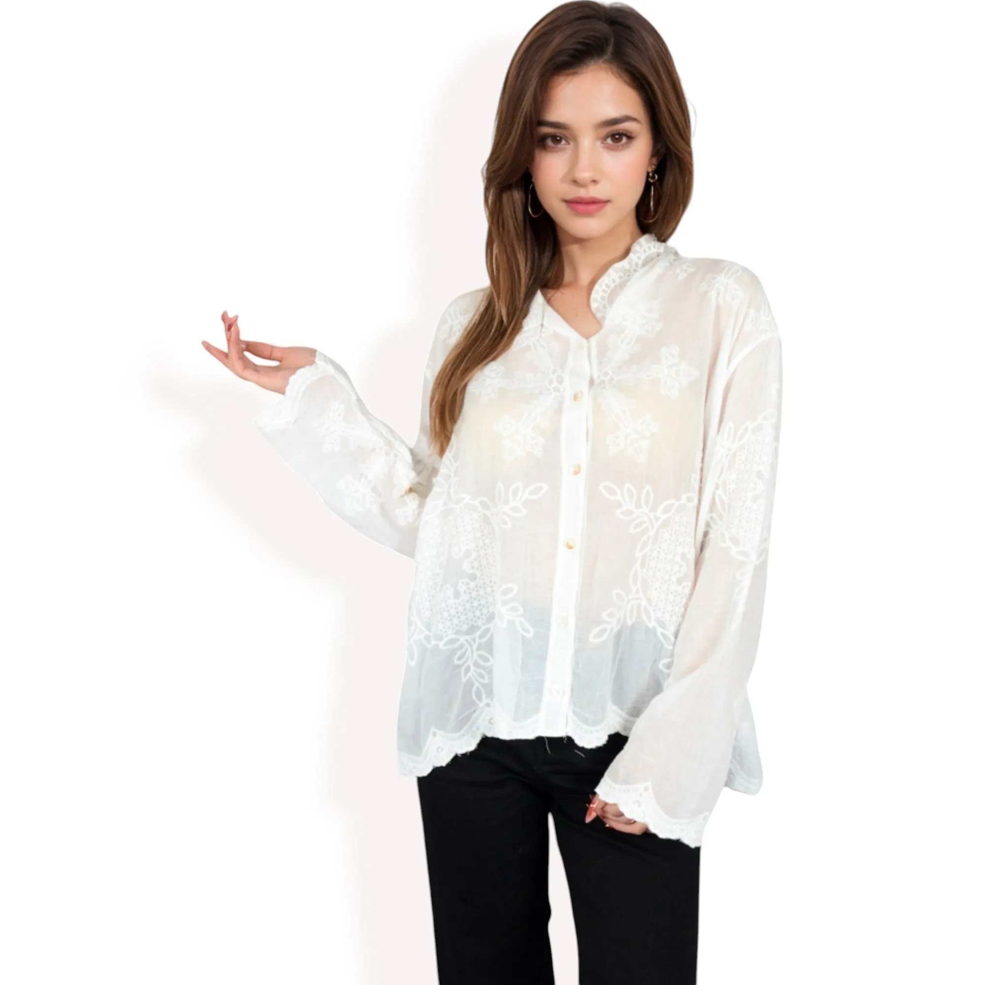 Anna-Kaci Women's Embroidered Sheer Blouse with Scalloped Hem and Button-Up Design
