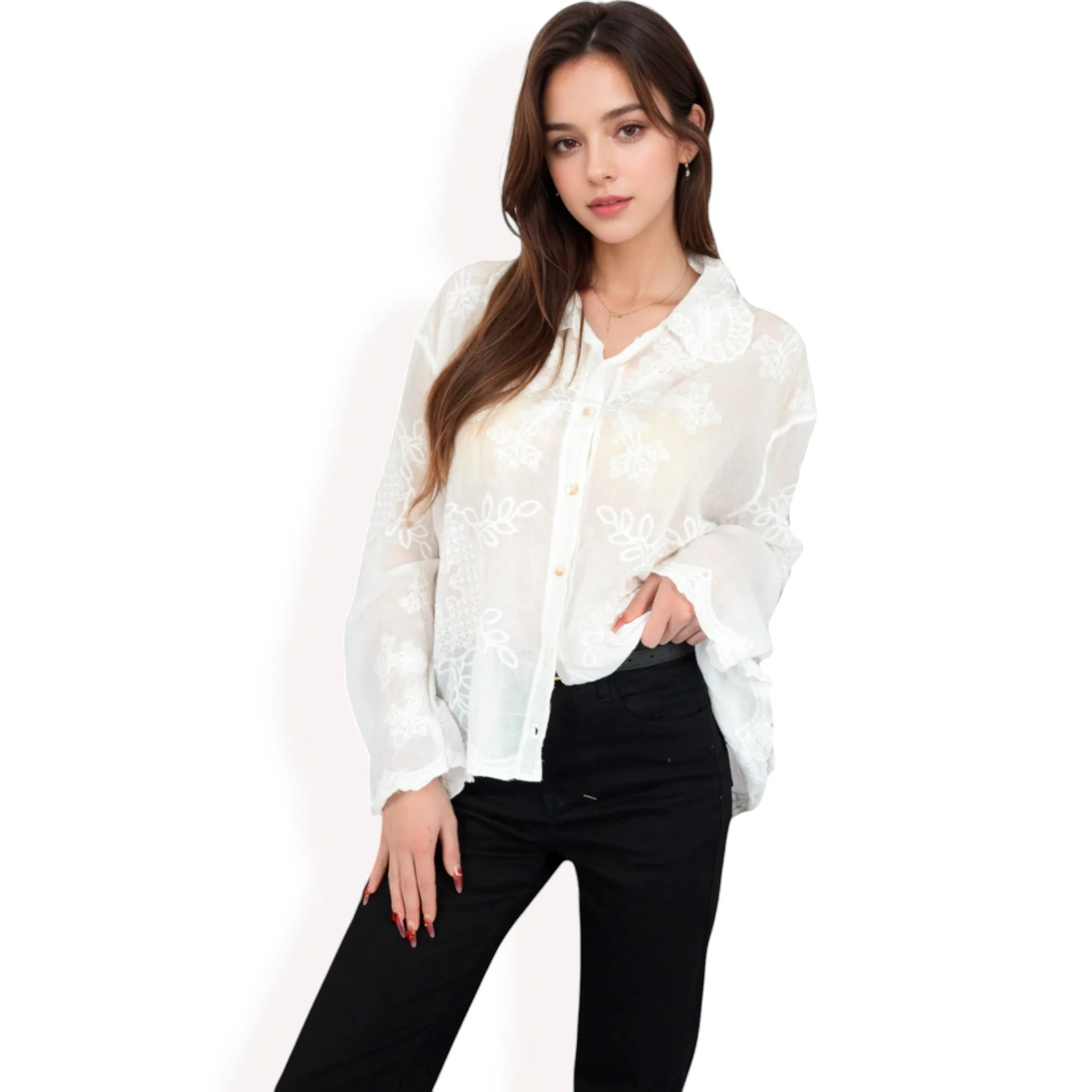 Anna-Kaci Women's Embroidered Sheer Blouse with Scalloped Hem and Button-Up Design