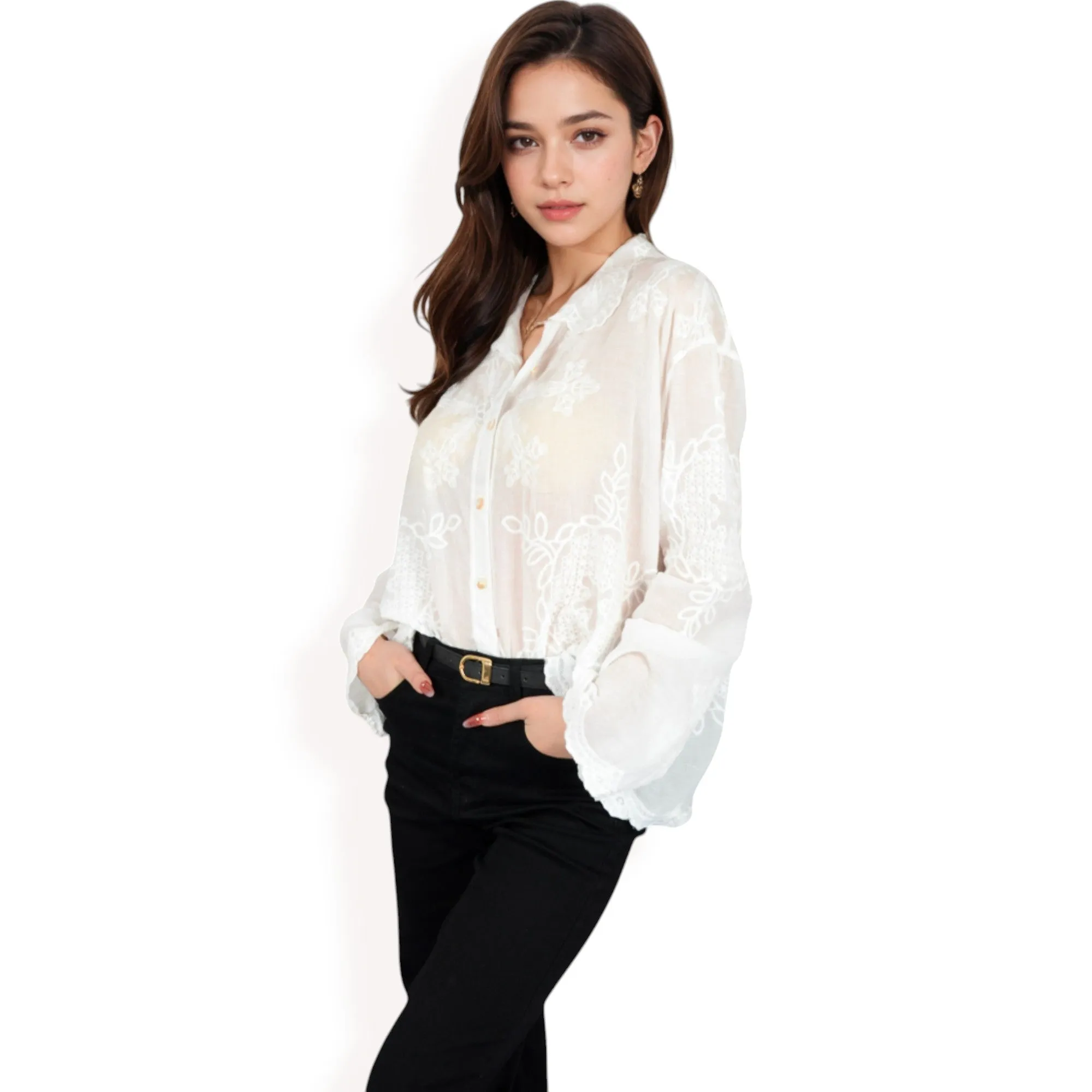 Anna-Kaci Women's Embroidered Sheer Blouse with Scalloped Hem and Button-Up Design