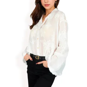 Anna-Kaci Women's Embroidered Sheer Blouse with Scalloped Hem and Button-Up Design