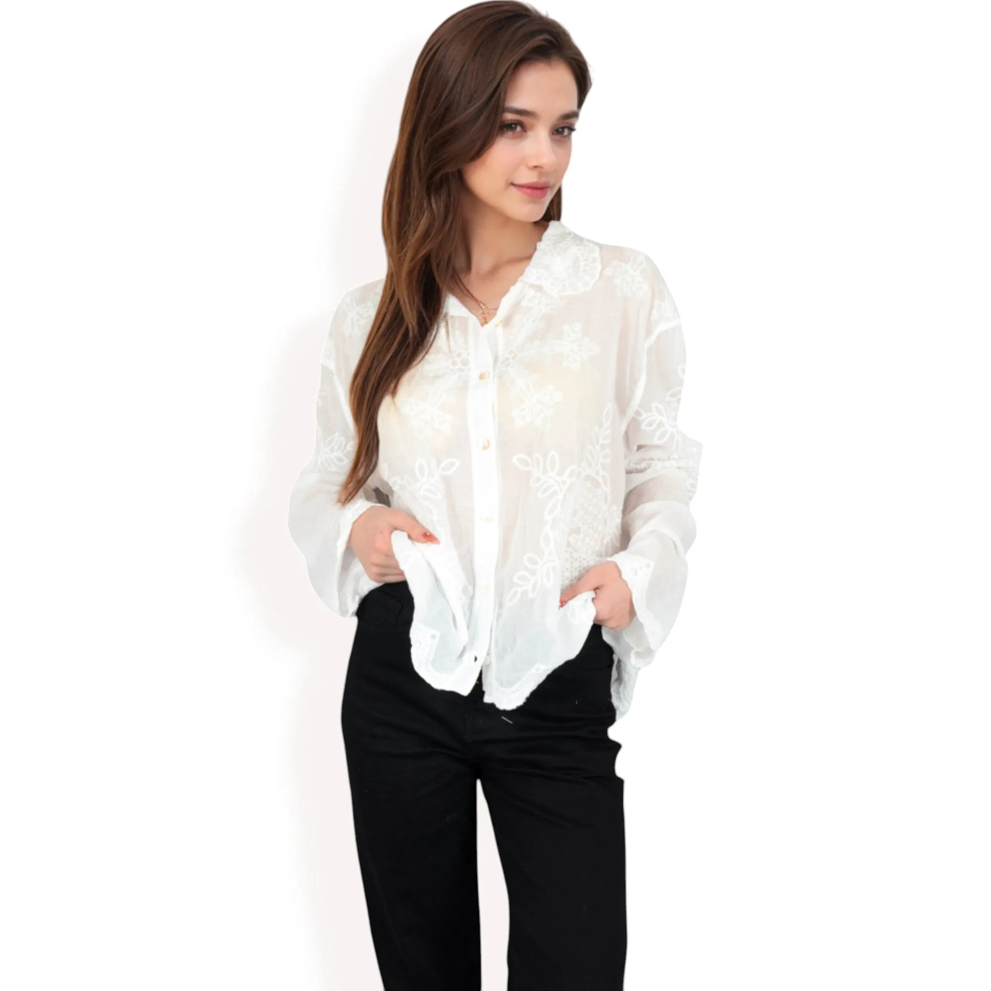 Anna-Kaci Women's Embroidered Sheer Blouse with Scalloped Hem and Button-Up Design