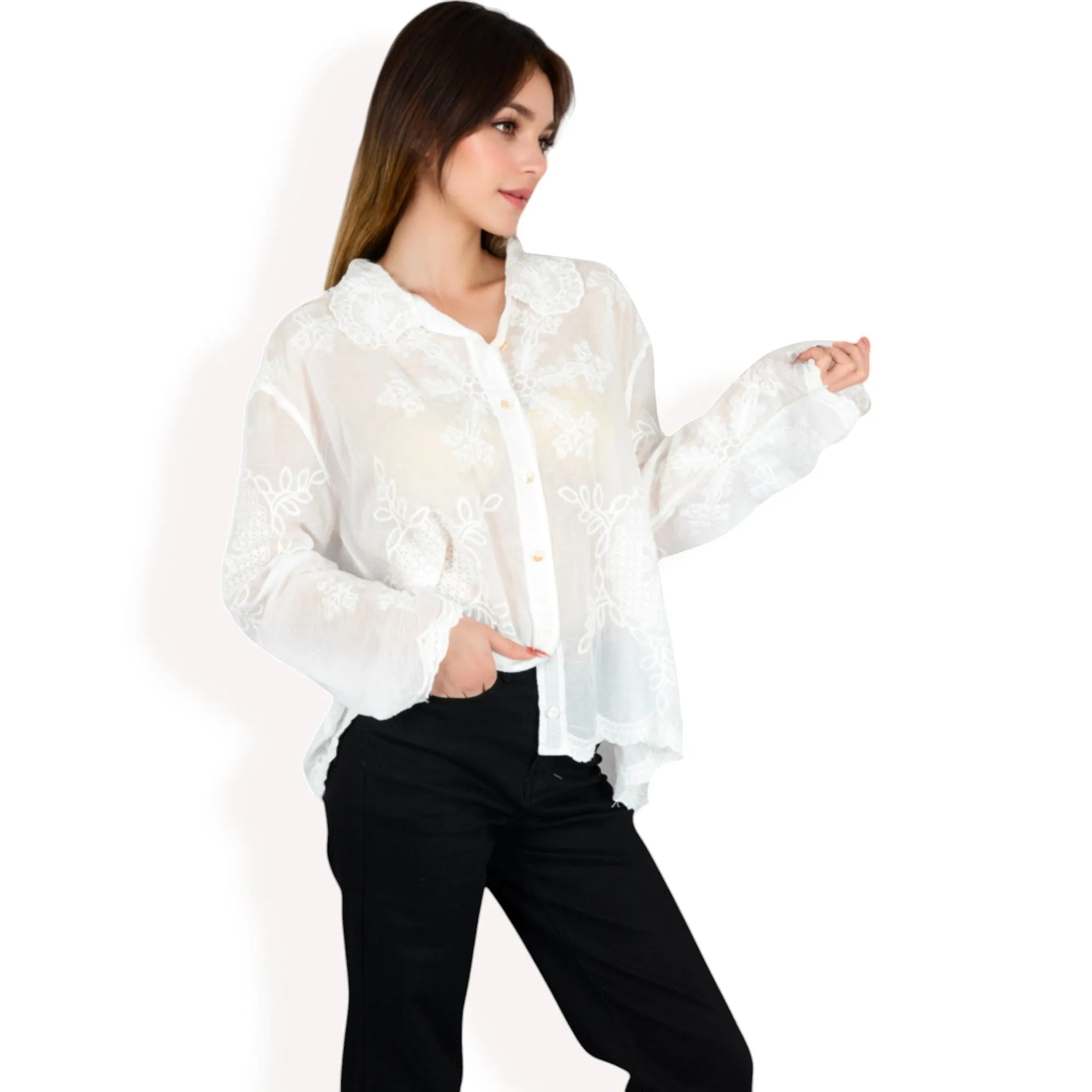 Anna-Kaci Women's Embroidered Sheer Blouse with Scalloped Hem and Button-Up Design