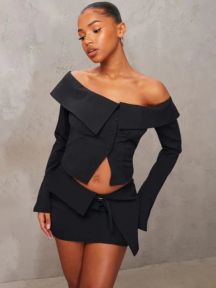 Asymmetrical Off-Shoulder Top and Mini Skirt Set for Runway