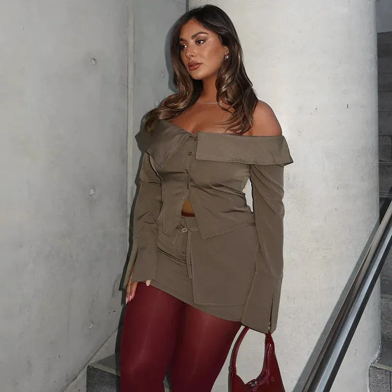 Asymmetrical Off-Shoulder Top and Mini Skirt Set for Runway