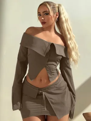Asymmetrical Off-Shoulder Top and Mini Skirt Set for Runway