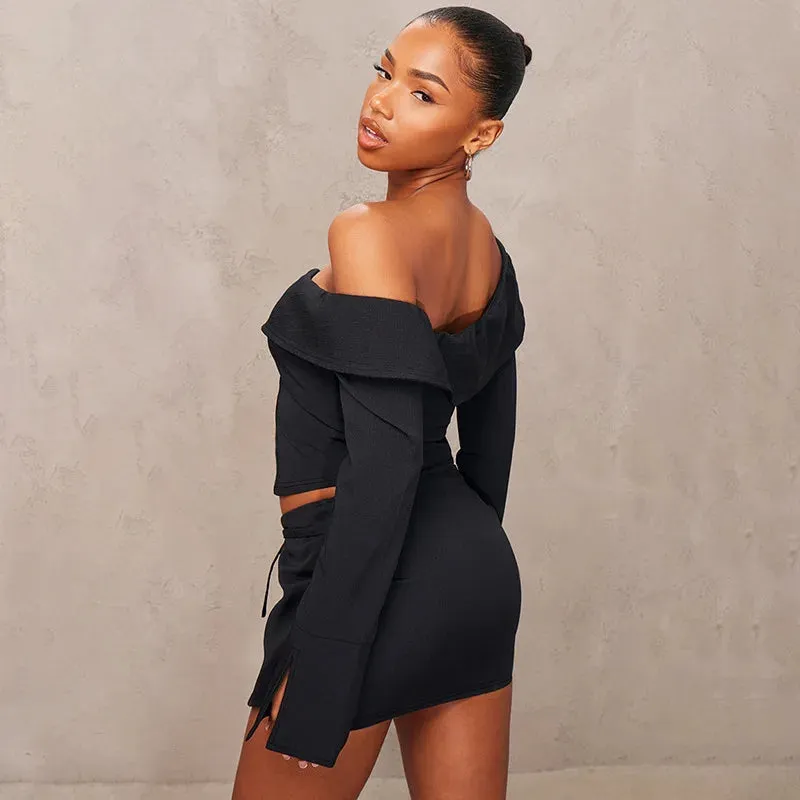 Asymmetrical Off-Shoulder Top and Mini Skirt Set for Runway