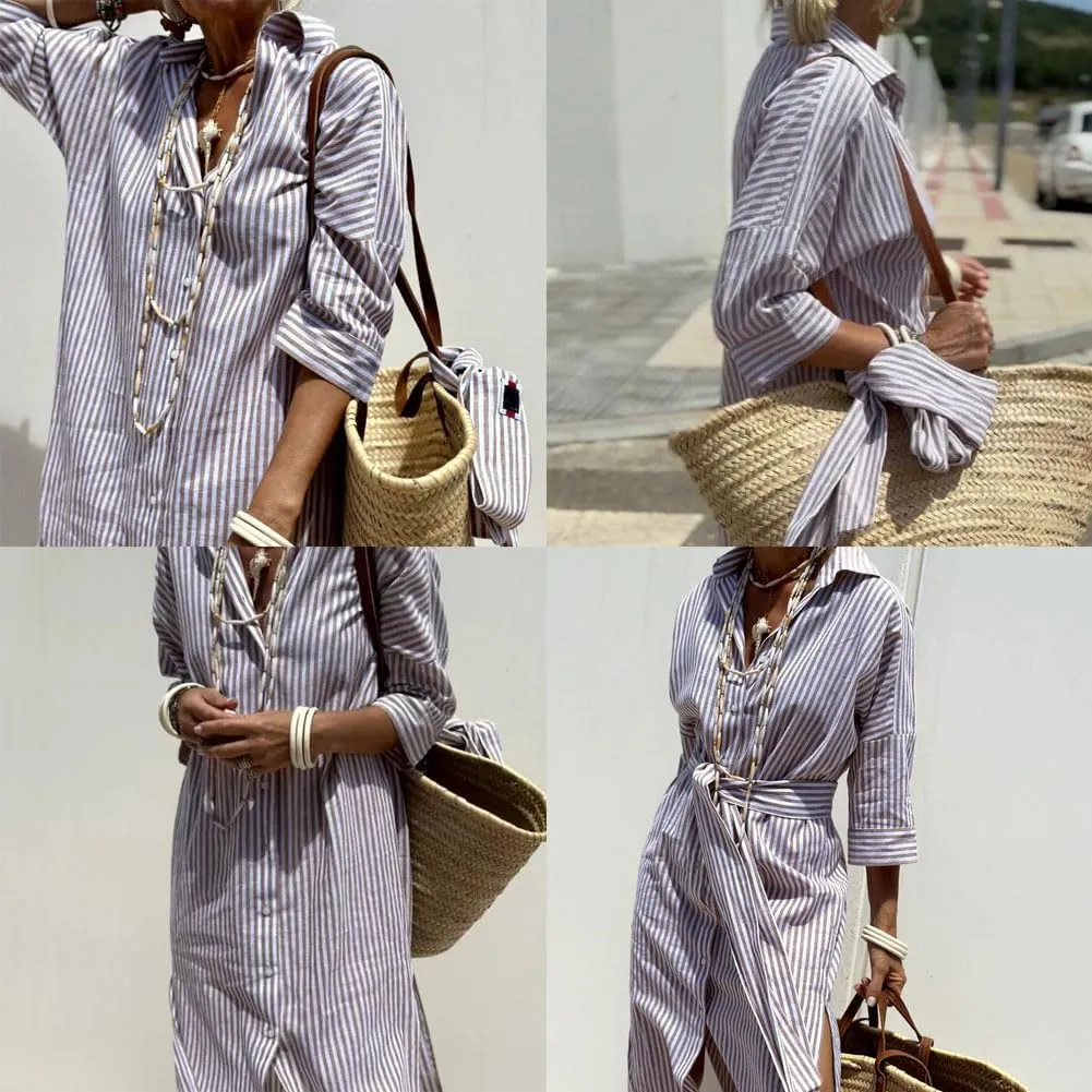 Aviationp Classic Striped Lace-Up Shirt Dress, Lapel Slit Striped Shirt Dress, 3/4 Sleeve Belted Striped Dress