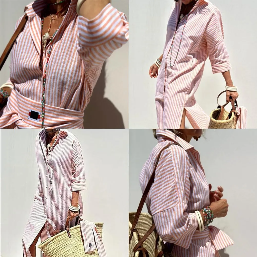 Aviationp Classic Striped Lace-Up Shirt Dress, Lapel Slit Striped Shirt Dress, 3/4 Sleeve Belted Striped Dress