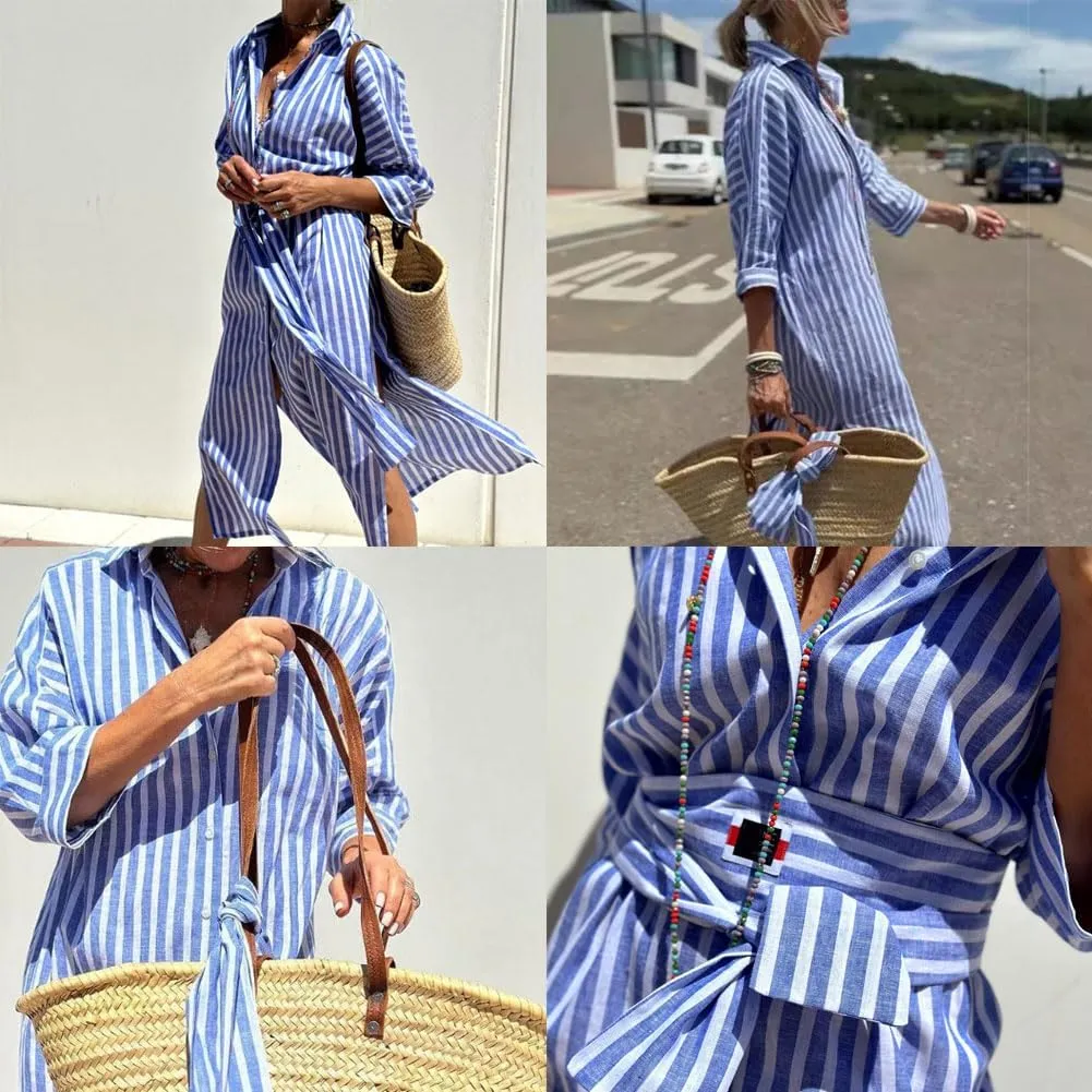 Aviationp Classic Striped Lace-Up Shirt Dress, Lapel Slit Striped Shirt Dress, 3/4 Sleeve Belted Striped Dress