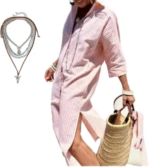 Aviationp Classic Striped Lace-Up Shirt Dress, Lapel Slit Striped Shirt Dress, 3/4 Sleeve Belted Striped Dress