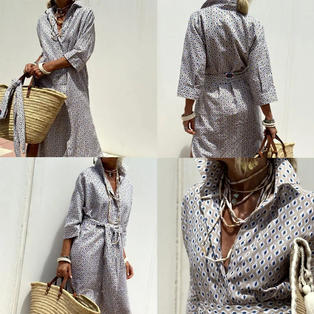 Aviationp Classic Striped Lace-Up Shirt Dress, Lapel Slit Striped Shirt Dress, 3/4 Sleeve Belted Striped Dress