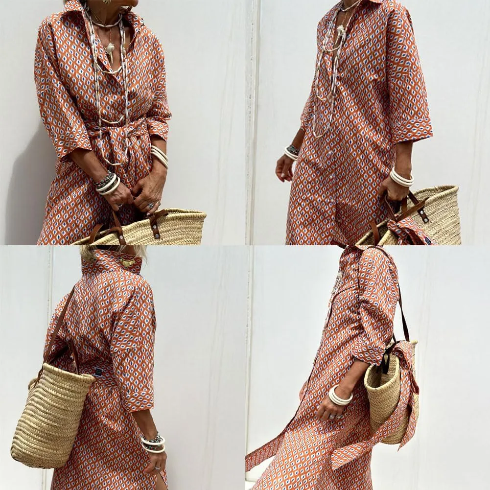 Aviationp Classic Striped Lace-Up Shirt Dress, Lapel Slit Striped Shirt Dress, 3/4 Sleeve Belted Striped Dress