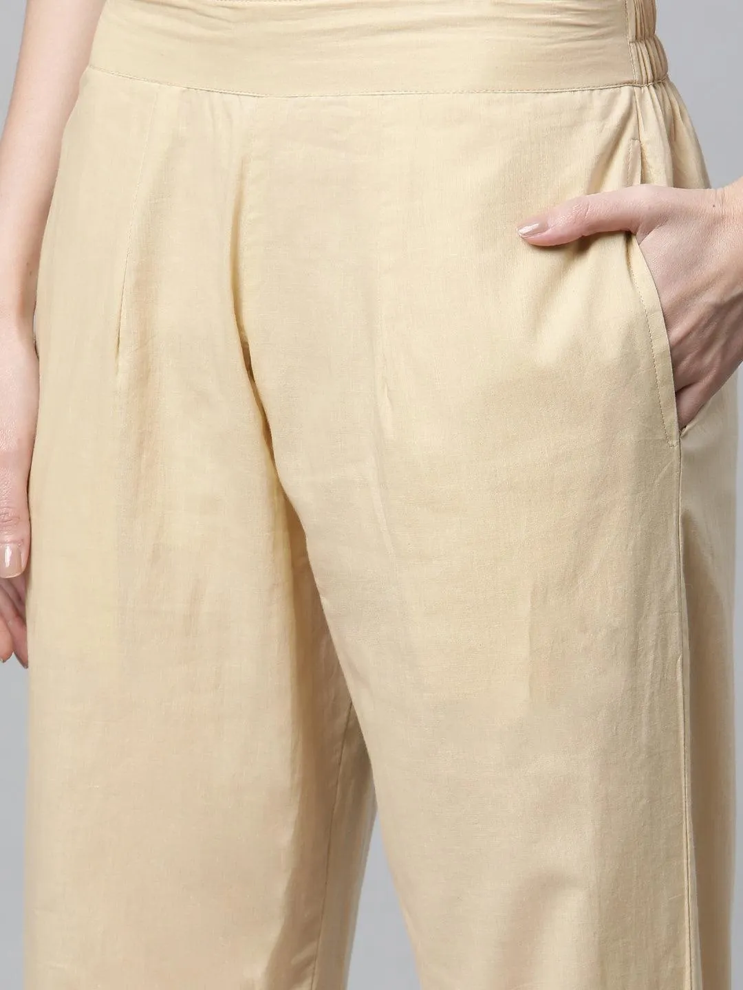 Beige Color Cotton Straight Kurta Pant Set with Dupatta