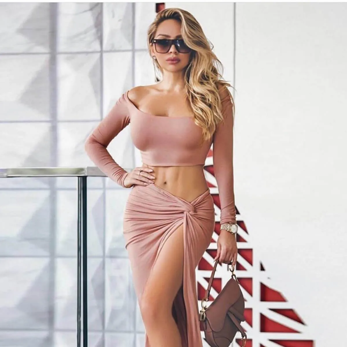 Big Scoop Crop Top Irregular Calf Skirt Set