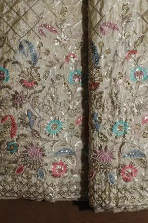 Big Width 56 Gold Sequins With Beads Checks Embroidery On Dyeable Viscose Zari Tissue Fabric With Floral Border