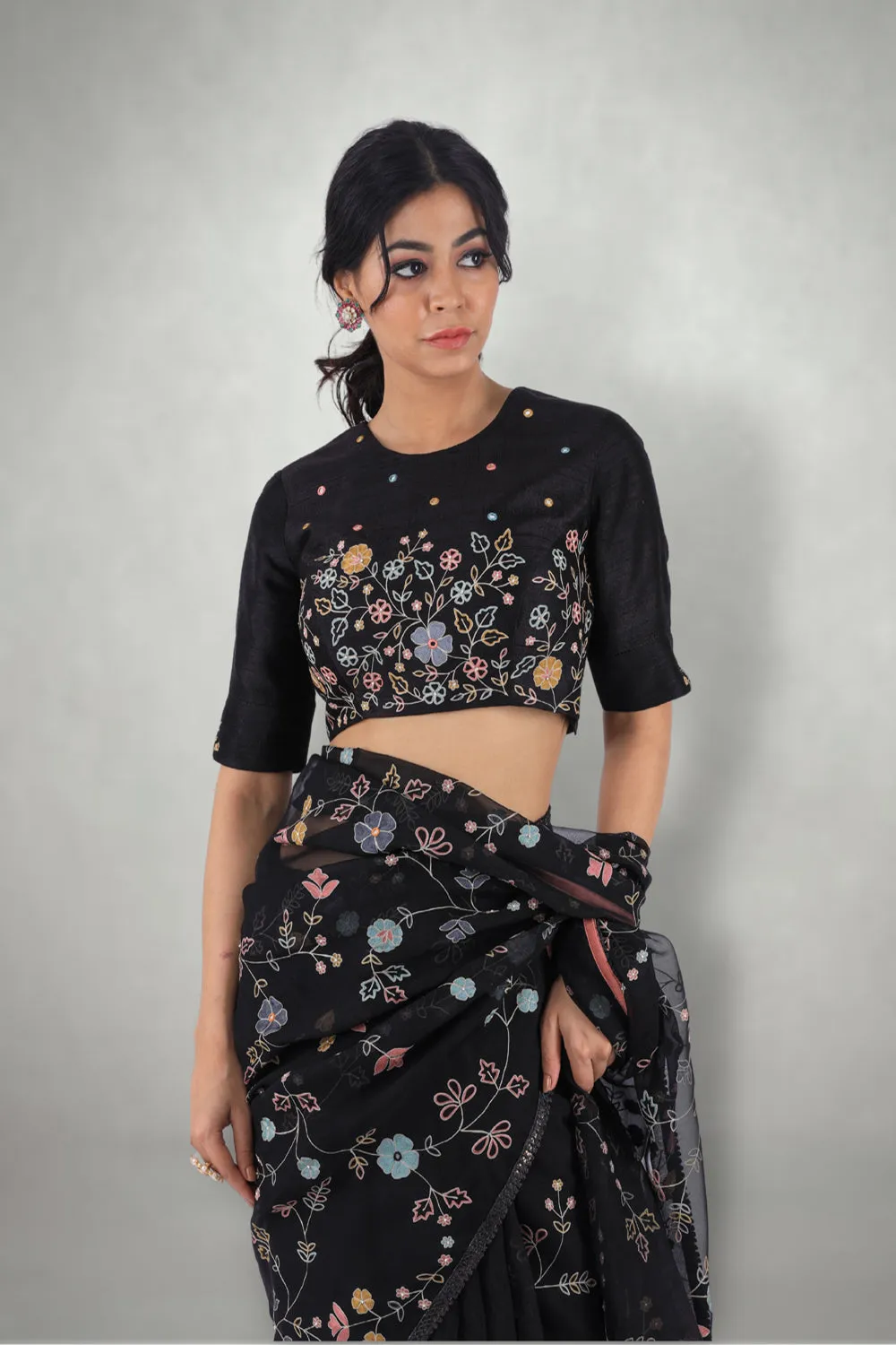 Black  Aari & Mirror Work Saree  Set