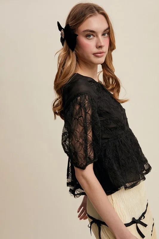 Black Floral Embroidered Sheer Peplum Blouse