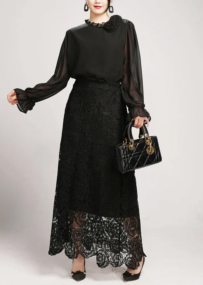 Black Lace Shirts And Maxi Skirts Two Pieces Set V Neck Long Sleeve AO1042