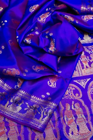 Blue and Magenta Dual Tone Pure Swarnachuri Silk Saree with Golden Zari and Meenakari Butta Work