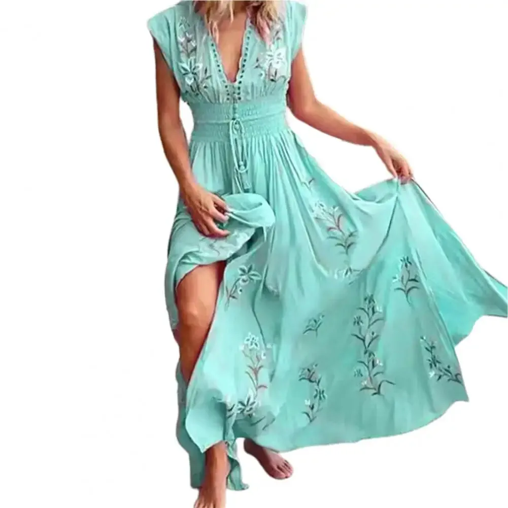 Bohemian Women Dress Floral Print Lace-up Tassel Large Hem Dress Summer Vintage Maxi Dress Beach