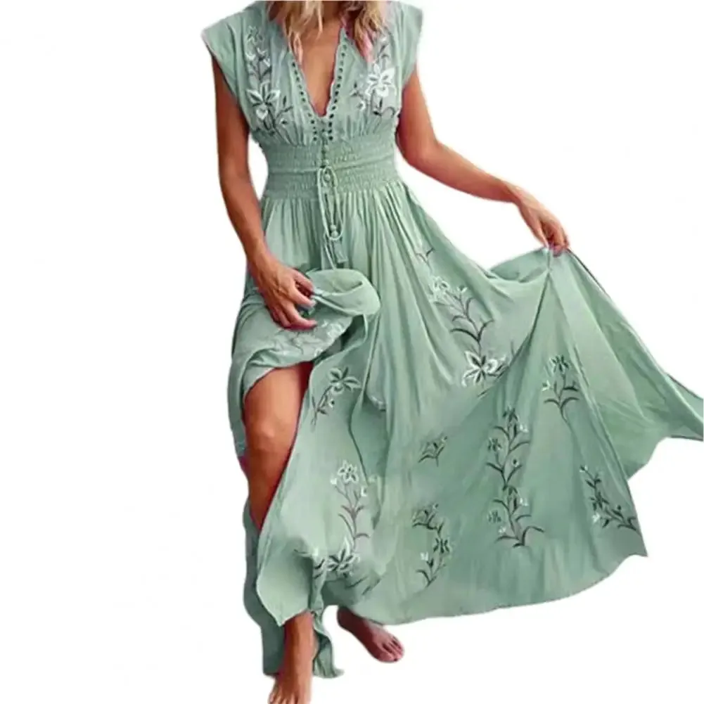Bohemian Women Dress Floral Print Lace-up Tassel Large Hem Dress Summer Vintage Maxi Dress Beach