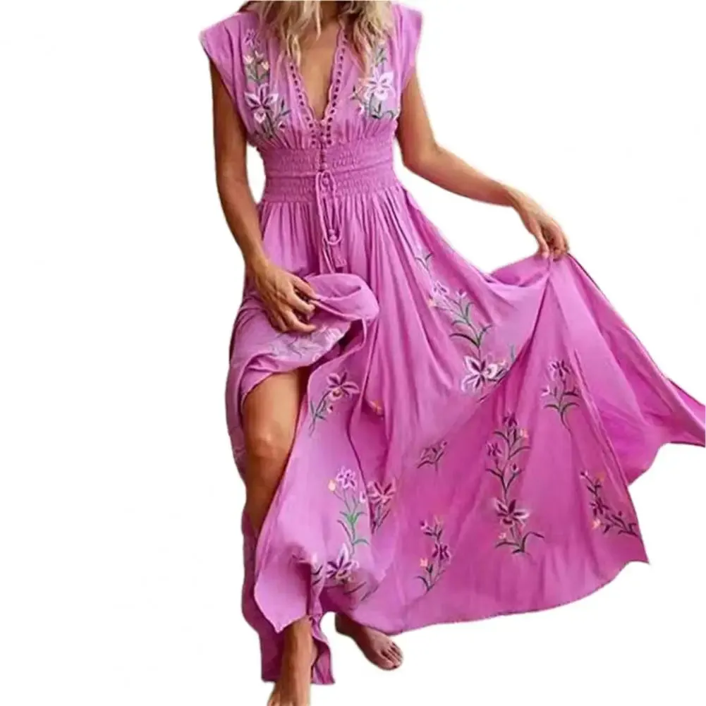 Bohemian Women Dress Floral Print Lace-up Tassel Large Hem Dress Summer Vintage Maxi Dress Beach