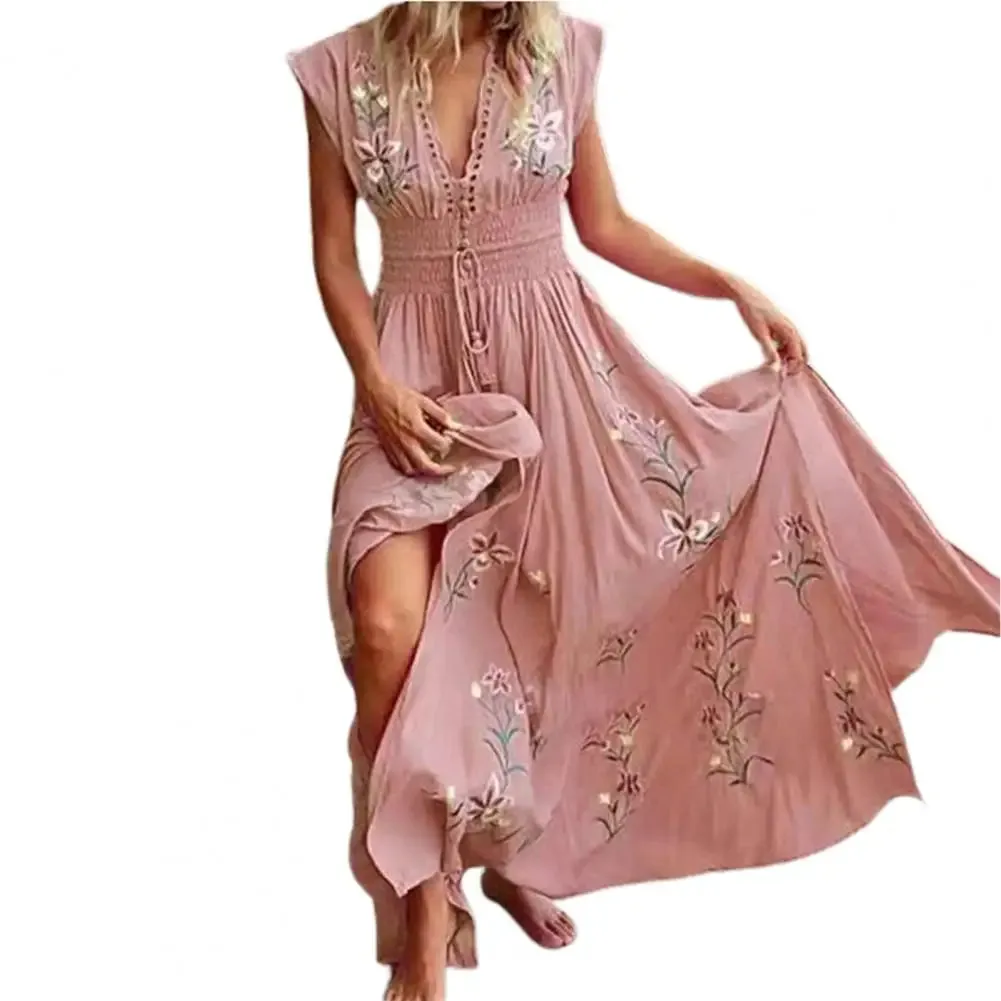 Bohemian Women Dress Floral Print Lace-up Tassel Large Hem Dress Summer Vintage Maxi Dress Beach