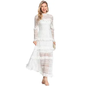 Boho Laced Maxi Dress Long Sleeved Mini Ruffles Color White Size S, M, L, XL, XXL, 3XL
