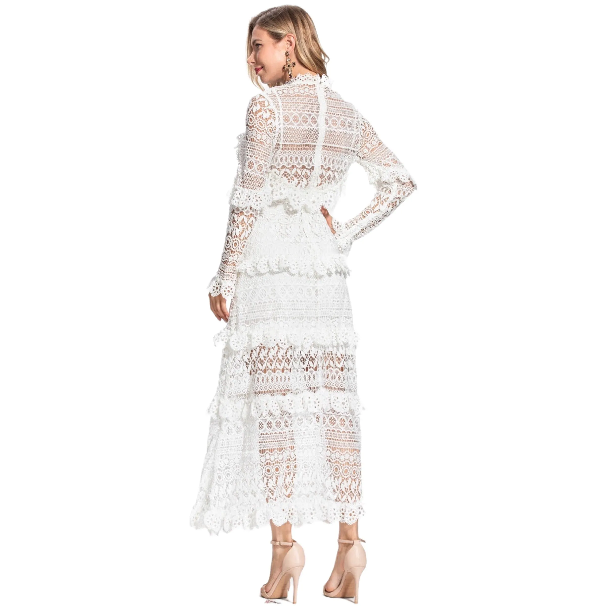Boho Laced Maxi Dress Long Sleeved Mini Ruffles Color White Size S, M, L, XL, XXL, 3XL