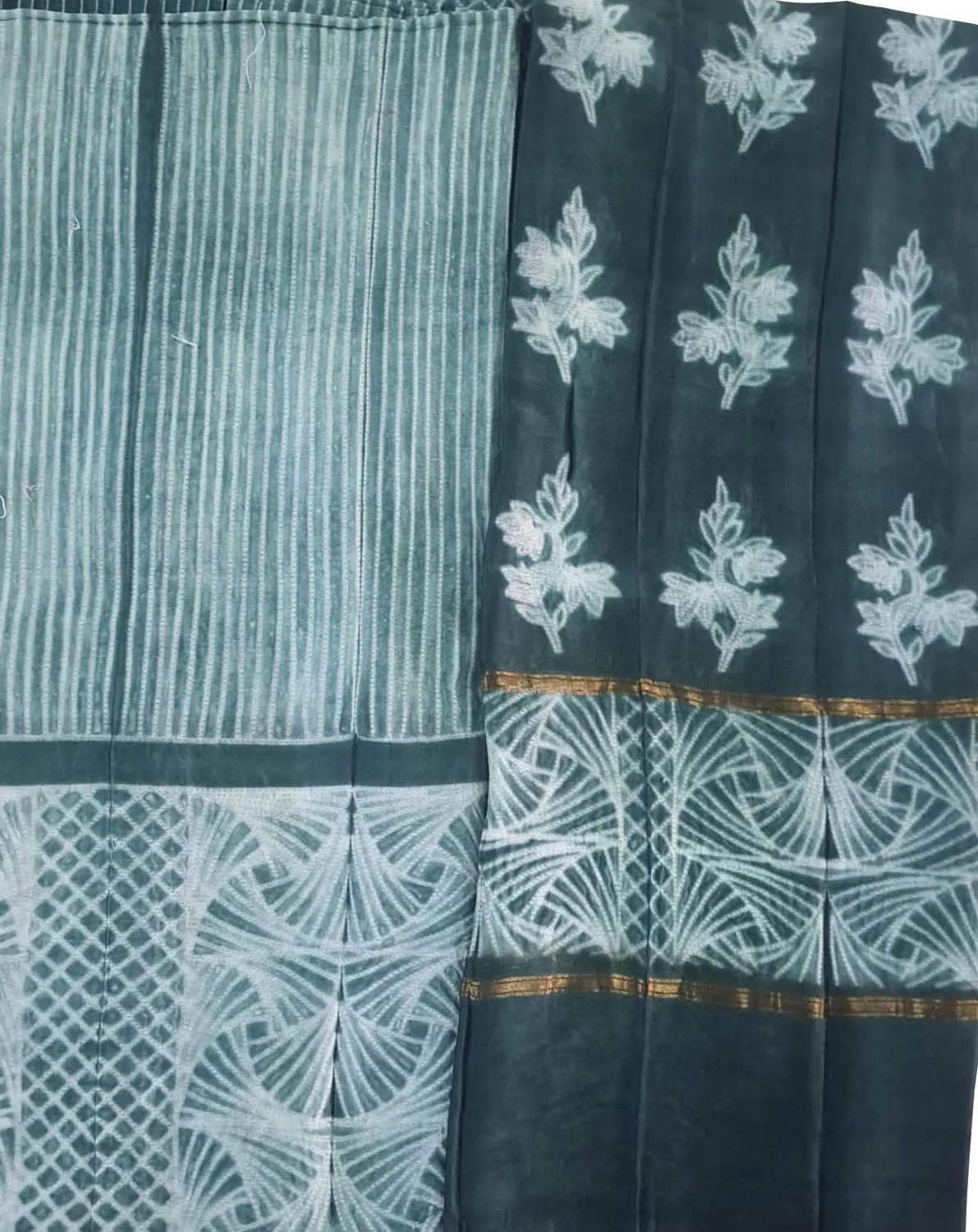 Chic Green Shibori Cotton Silk Suit Set: Unstitched Elegance