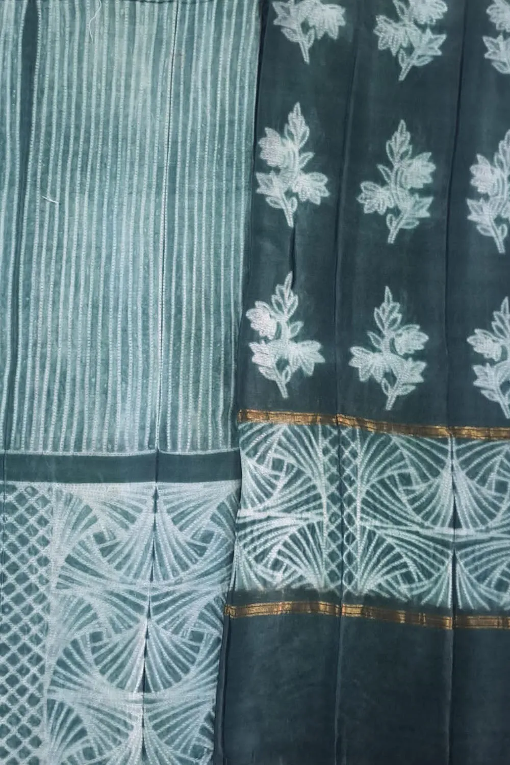 Chic Green Shibori Cotton Silk Suit Set: Unstitched Elegance