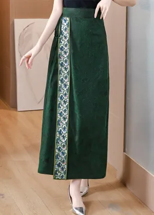 Chinese Style Green Asymmetrical Print Silk Skirts Spring QQ1030