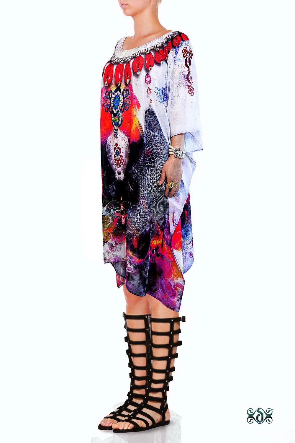 CRYSTALLIUS Radiant Crystals Pure Silk Devarshy Short Embellished Kaftan - 1099A