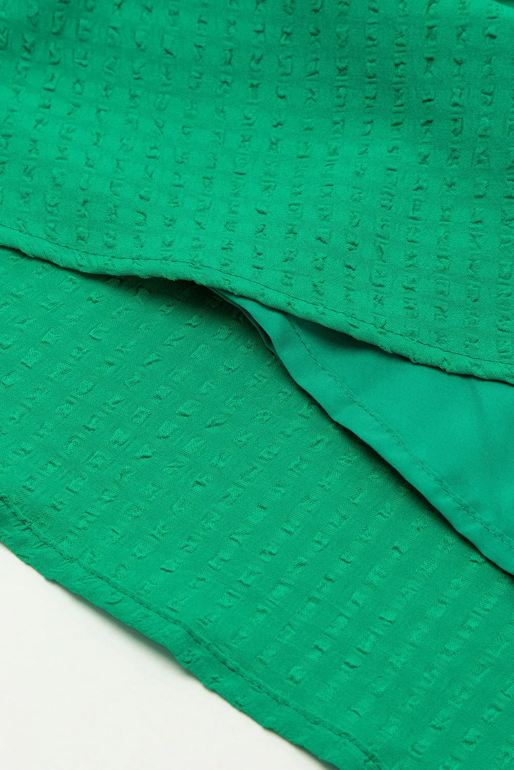 Dark Green Solid Color Round Neck Puff Sleeve Mini Dress