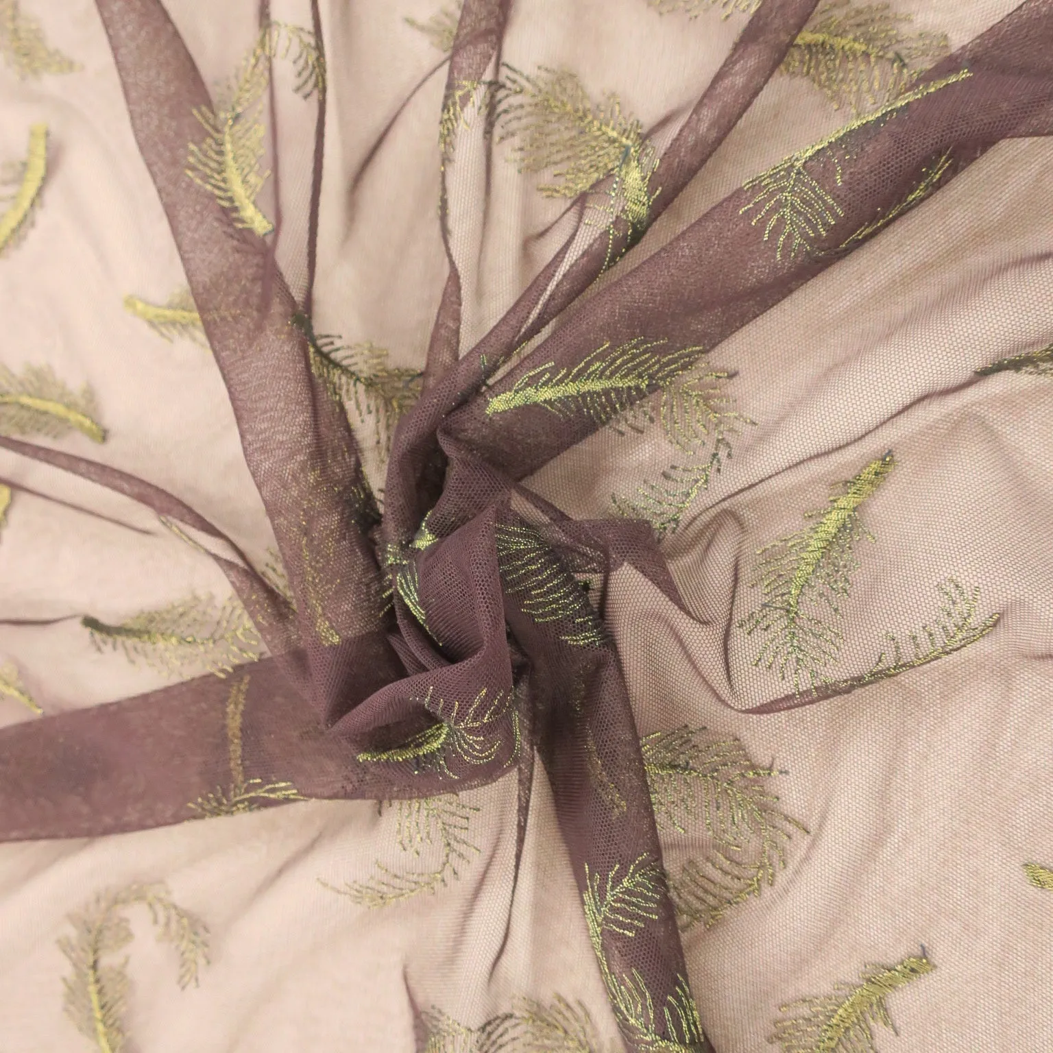 Dark Wine Tulle with Gold Floral Embroidered Fabric