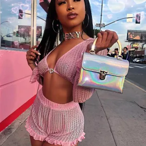 Deep V-neck Crop Top Ruffle Shorts Set