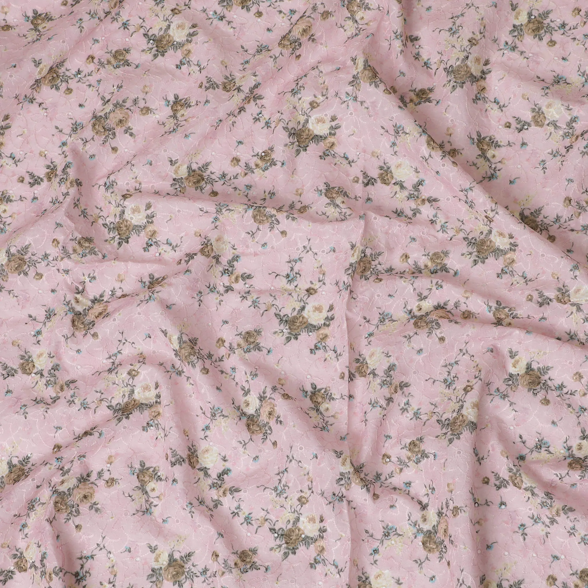 Delicate Pink Floral blended Cotton Lawn Fabric with Embroidery - 110 cm Wide - D19604