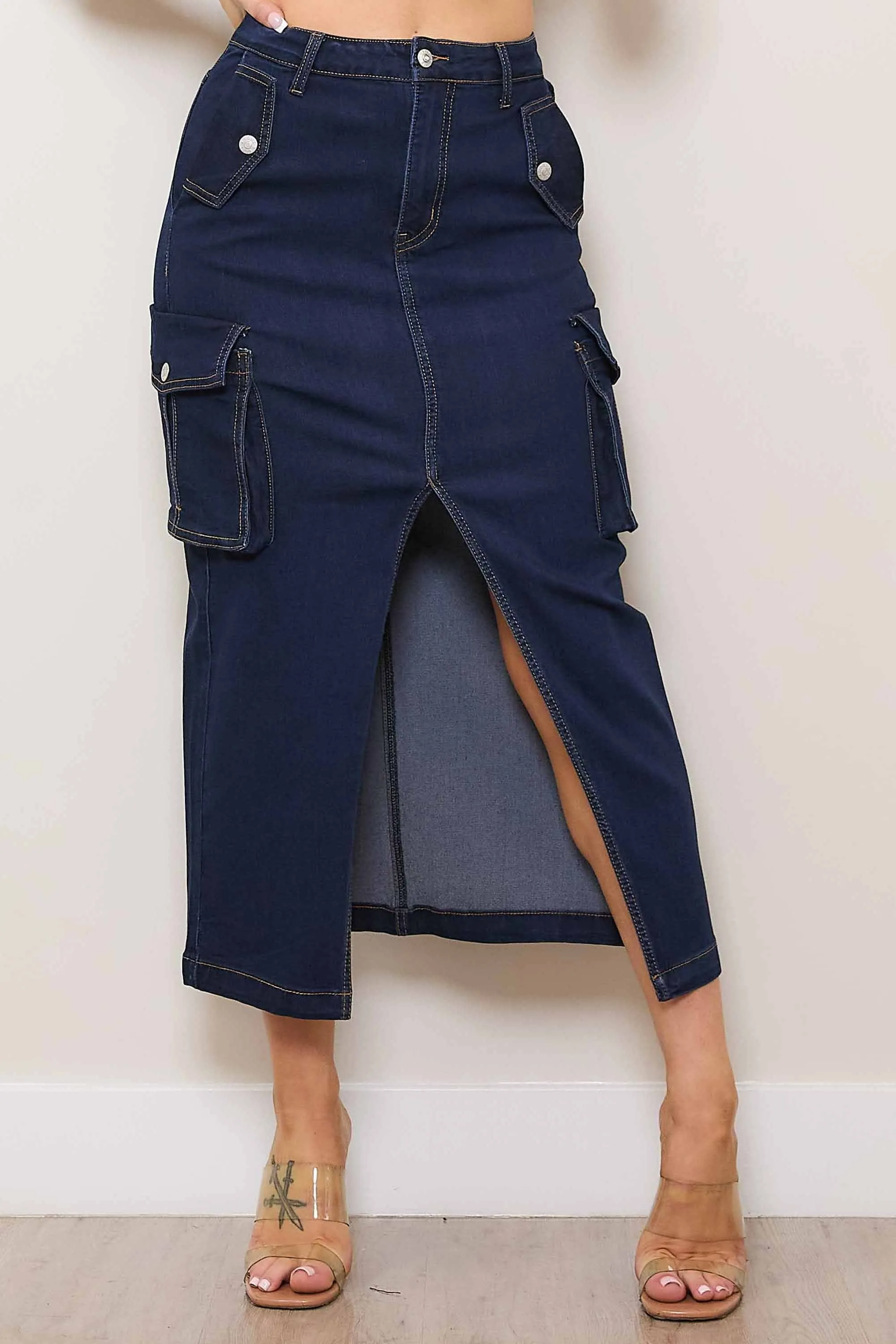 Denim Cargo Column Skirt