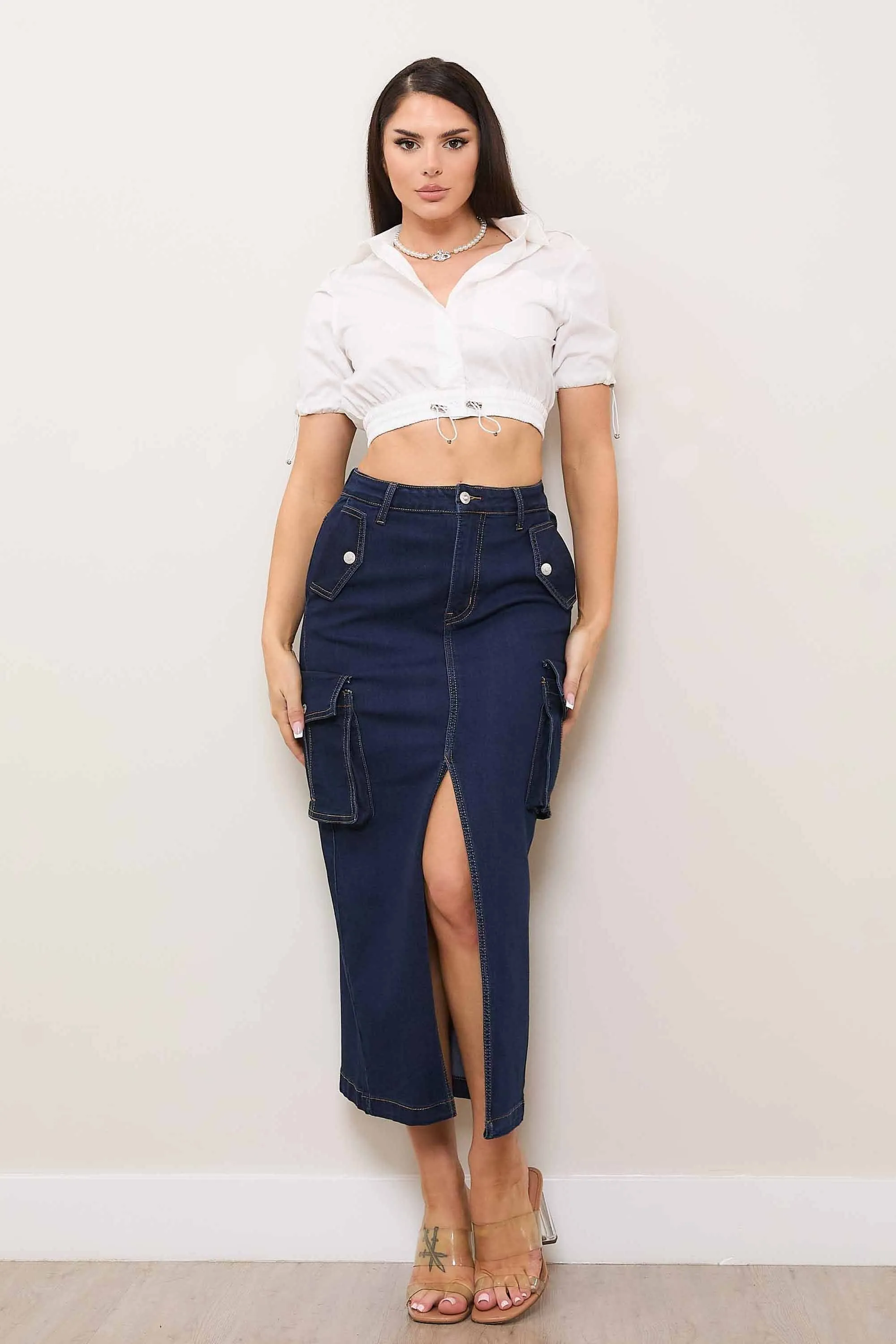 Denim Cargo Column Skirt