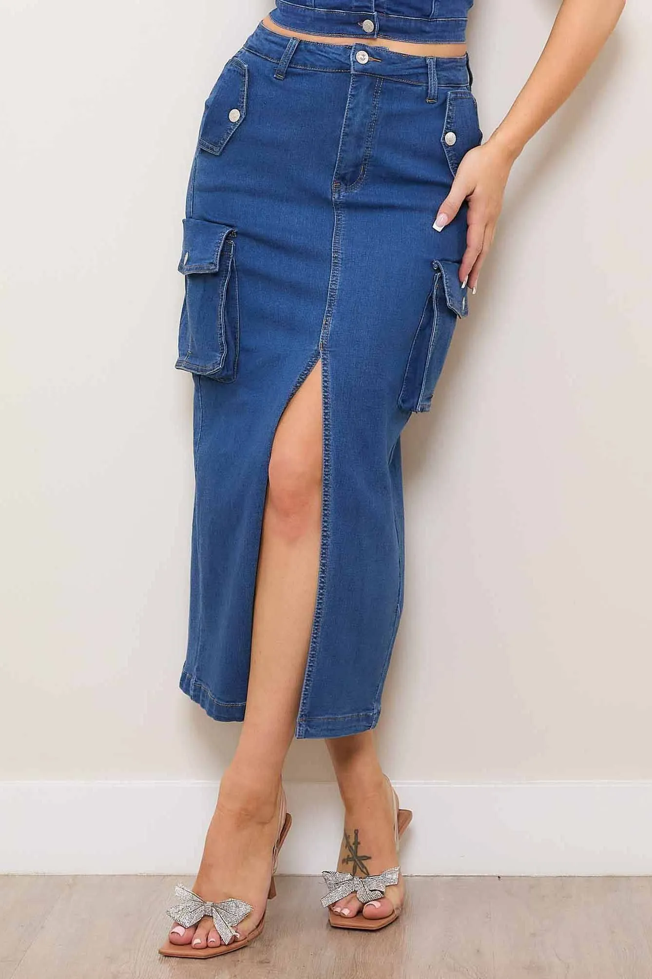 Denim Cargo Column Skirt
