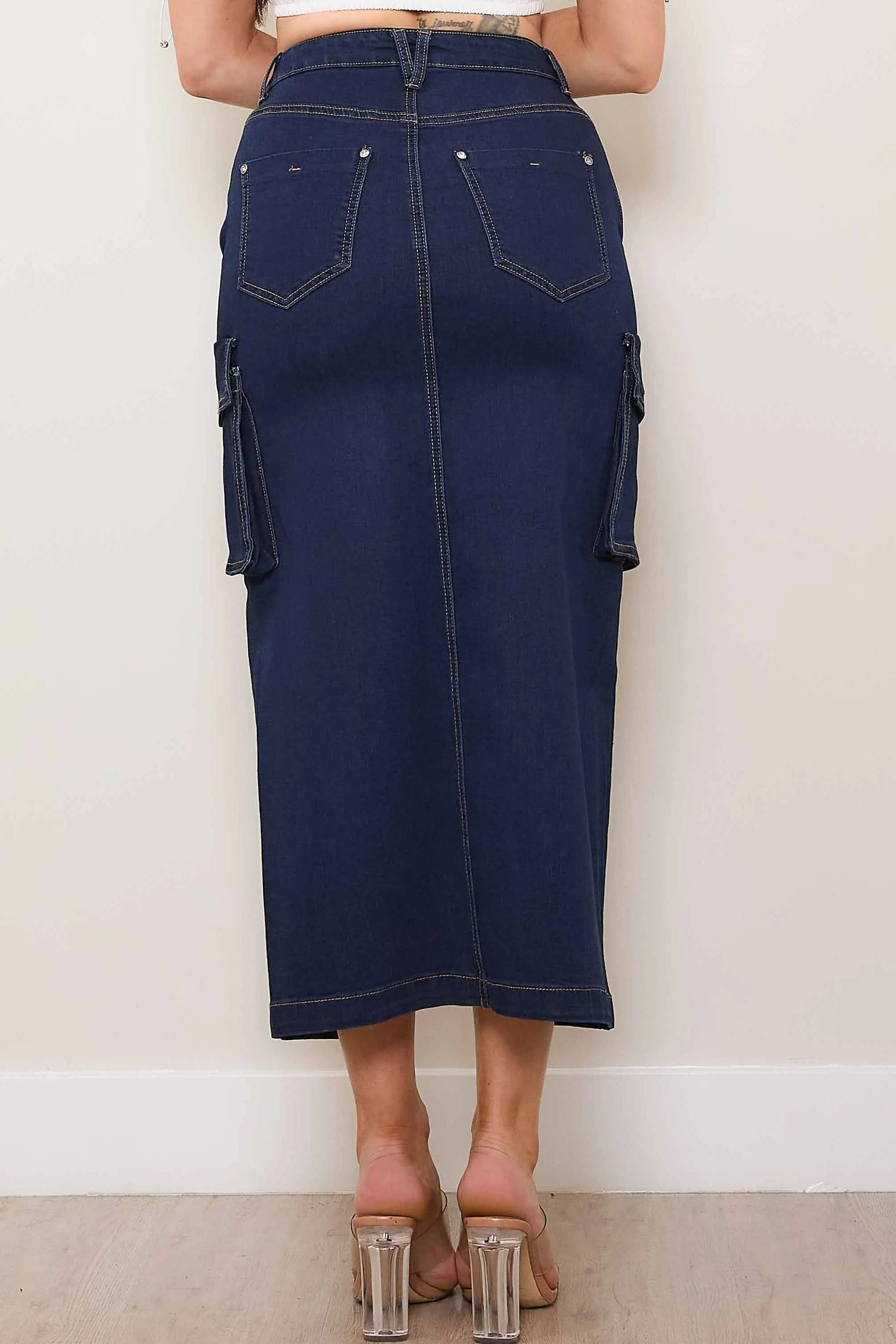 Denim Cargo Column Skirt